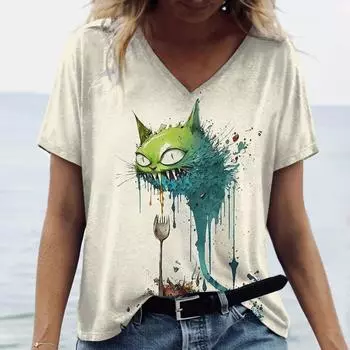 Женские футболки с принтом животных, сумасшедшая повседневная футболка с коротким рукавом, V-образный вырез, тай-дай, свободные женские топы, пуловер, уличная одежда 2024 года S
