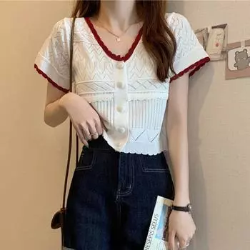 Женские футболки с пуговицами, глубокими V-образными воротниками, милые футболки для девочек, одежда для вечеринок с коротким рукавом M белый