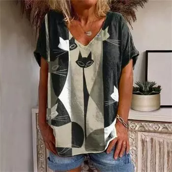 Женские футболки с рисунком аниме-кота, модная футболка с принтом 3D, повседневная женская одежда Harajuku с коротким рукавом и V-образным вырезом S бежевый