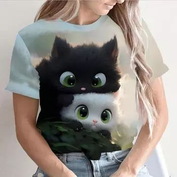 Женские футболки с рисунком кота, милая футболка с 3d принтом животных, Harajuku, повседневная футболка с короткими рукавами и круглым вырезом, женская одежда большого размера S