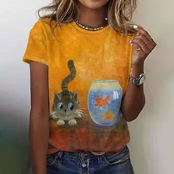 Женские футболки с рисунком кота, милая футболка с 3d принтом животных, Harajuku, повседневная футболка с короткими рукавами и круглым вырезом, женская одежда большого размера S