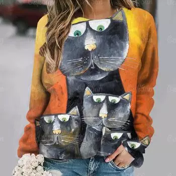 Женские футболки с рисунком милого кота, осенне-стрит, модная футболка с длинными рукавами, свободный хлопковый пуловер S