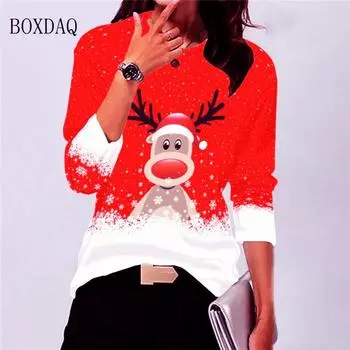 Женские футболки с рисунком рождественского оленя, осенне-зимние, с длинным рукавом, 3D-принтом, в стиле хип-хоп, для улицы, на Новый год, на Рождество S