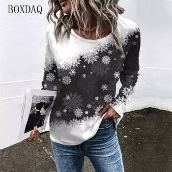 Женские футболки с рисунком снежинок, осень-зима, уличная одежда с длинными рукавами в рождественском стиле, женские футболки 6XL, повседневные топы больших размеров S
