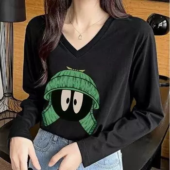 Женские футболки с рисунком в виде шляпы, женские топы с длинным рукавом и V-образным вырезом, женские футболки, футболки для женщин XS белый