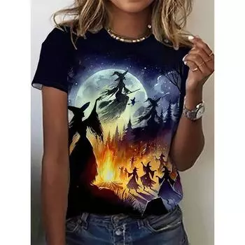 Женские футболки с рисунком ведьмы, повседневные футболки с коротким рукавом, модные футболки с круглым вырезом, женская одежда S