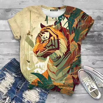 Женские футболки с рисунком животных из мультфильмов, 3D-принт с тигром, модные футболки с короткими рукавами, топы, повседневные уличные свитера, женская одежда S