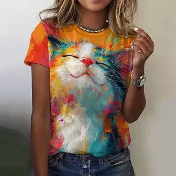 Женские футболки с рисунком животных из мультфильмов, футболки с короткими рукавами и милым рисунком кошек, повседневная свободная женская одежда, топы, летний уличный свитер S