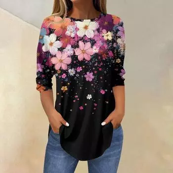 Женские футболки с рукавами 3/4, однотонные пуловеры, летние весенние топы, блузки L чёрный