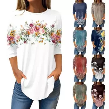 Женские футболки с рукавами 3/4, однотонные пуловеры, летние весенние топы, блузки L синий