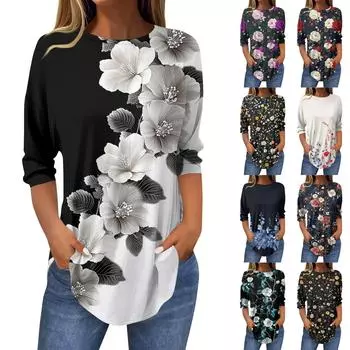 Женские футболки с рукавами 3/4, однотонные пуловеры, летние весенние топы, блузки XXL чёрный