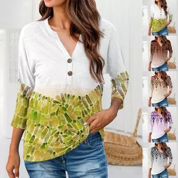 Женские футболки с рукавами 3/4, полосатый лоскутный пуловер, летние весенние топы, блузки, женские летние топы L коричневый