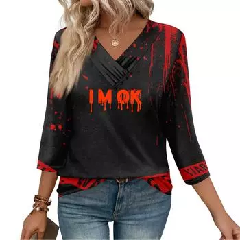 Женские футболки с рукавом 3/4 для повседневной носки и выходных, с V-образным вырезом, повседневные, с принтом, свободного кроя, плиссированные, рубашки на пуговицах M чёрный