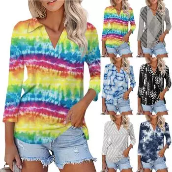 Женские футболки с рукавом 3/4, летние рубашки с v-образным вырезом, повседневные базовые футболки с воротником, блузка L чёрный