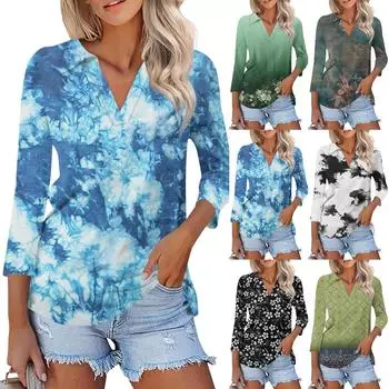 Женские футболки с рукавом 3/4, летние рубашки с v-образным вырезом, повседневные базовые футболки с воротником, блузка L чёрный