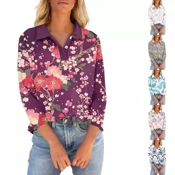 Женские футболки с рукавом 3/4, летние рубашки на пуговицах с v-образным вырезом, повседневные свободные топы с воротником и принтом L синий