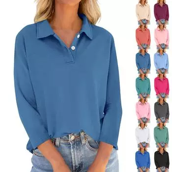 Женские футболки с рукавом 3/4, летние рубашки с V-образным вырезом и пуговицами, повседневные однотонные свободные топы с воротником L синий