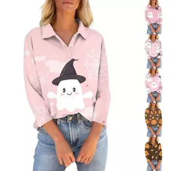 Женские футболки с рукавом 3/4, летние рубашки на пуговицах с v-образным вырезом, повседневные свободные топы с воротником и принтом L чёрный