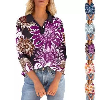 Женские футболки с рукавом 3/4, летние рубашки на пуговицах с v-образным вырезом, повседневные свободные топы с воротником и принтом XXXL синий