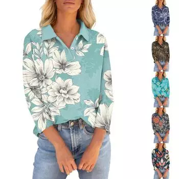 Женские футболки с рукавом 3/4, летние рубашки на пуговицах с v-образным вырезом, повседневные свободные топы с воротником и принтом L синий