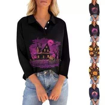 Женские футболки с рукавом 3/4, летние рубашки на пуговицах с v-образным вырезом, повседневные свободные топы с воротником и принтом L шафрановый