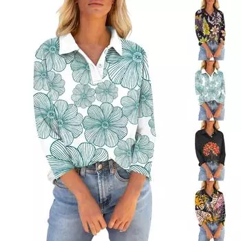 Женские футболки с рукавом 3/4, летние рубашки на пуговицах с v-образным вырезом, повседневные свободные топы с воротником и принтом L светло-синий