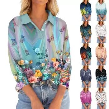 Женские футболки с рукавом 3/4, летние рубашки на пуговицах с v-образным вырезом, повседневные свободные топы с воротником и принтом S оранжевый