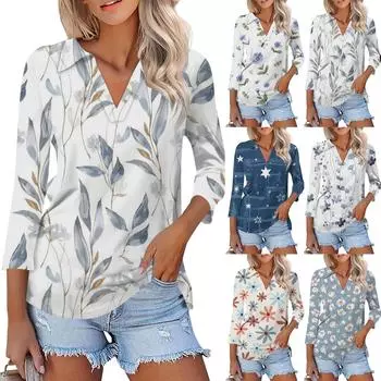 Женские футболки с рукавом 3/4, летние рубашки с v-образным вырезом, повседневные базовые футболки с воротником, блузка L чёрный