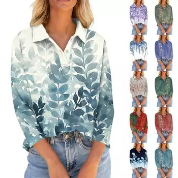 Женские футболки с рукавом 3/4, летние рубашки на пуговицах с v-образным вырезом, повседневные свободные топы с воротником и принтом XL