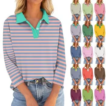 Женские футболки с рукавом 3/4, летние рубашки на пуговицах с v-образным вырезом, повседневные свободные топы с воротником и принтом XL