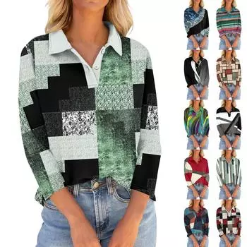 Женские футболки с рукавом 3/4, летние рубашки на пуговицах с v-образным вырезом, повседневные свободные топы с воротником и принтом S