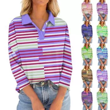 Женские футболки с рукавом 3/4, летние рубашки на пуговицах с v-образным вырезом, повседневные свободные топы с воротником и принтом XXL синий