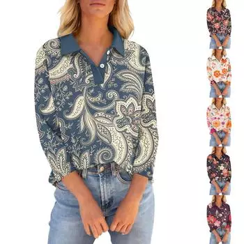 Женские футболки с рукавом 3/4, летние рубашки на пуговицах с v-образным вырезом, повседневные свободные топы с воротником и принтом L горячий розовый