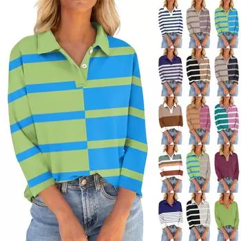 Женские футболки с рукавом 3/4, летние рубашки на пуговицах с v-образным вырезом, повседневные свободные топы с воротником и принтом L бежевый