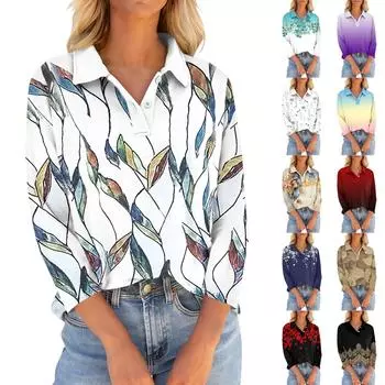 Женские футболки с рукавом 3/4, летние рубашки на пуговицах с v-образным вырезом, повседневные свободные топы с воротником и принтом S тёмно-синий