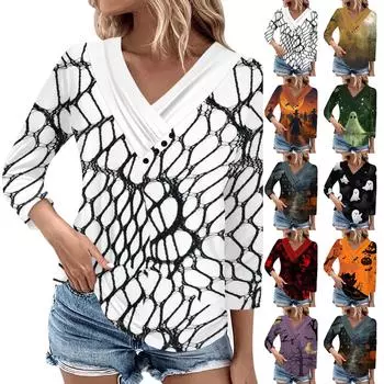 Женские футболки с рукавом 3/4, повседневные, с V-образным вырезом, на Хэллоуин, свободные, плиссированные, женские блузки XXL чёрный