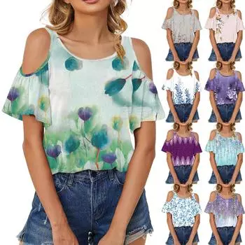 Женские футболки с рюшами и короткими рукавами, круглый вырез, милые туники с цветочным принтом, топы, базовые футболки, блузки, пуловер свободного покроя XL