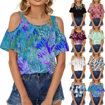 Женские футболки с рюшами и короткими рукавами, круглый вырез, милые туники с цветочным принтом, топы, базовые футболки, блузки, пуловер свободного покроя XXL тёмно-синий
