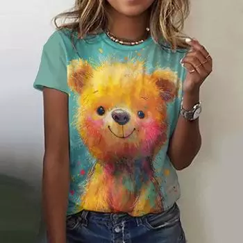 Женские футболки с улыбающимся мультяшным принтом животных, короткий пуловер с рукавами, модная повседневная футболка с круглым вырезом, женская одежда, летняя одежда L