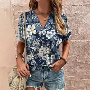 Женские футболки с V-образным вырезом, цветочный принт, летние повседневные футболки, пуловеры, простая свободная одежда, забавный топ, женская одежда больших размеров XXS