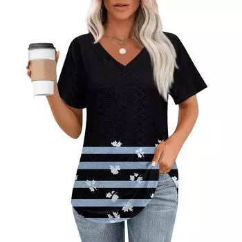 Женские футболки с V-образным вырезом и коротким рукавом, повседневные топы свободного кроя, базовые футболки с закругленным подолом L чёрный
