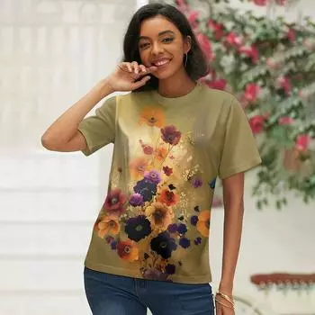 Женские футболки с V-образным вырезом и принтом в виде 3D-цветка, свободные футболки с коротким рукавом S