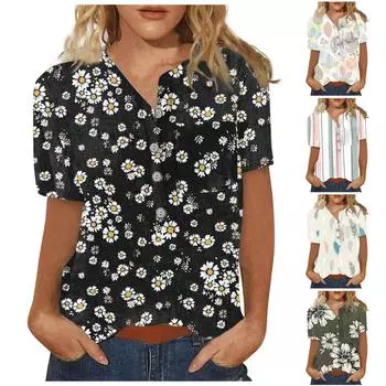 Женские футболки с v-образным вырезом и короткими рукавами. Женские топы с короткими рукавами. Модные повседневные летние модные рубашки с цветочным принтом и туникой. L чёрный