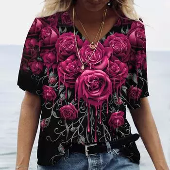 Женские футболки с v-образным вырезом и цветочным принтом, модные футболки с коротким рукавом, летний топ Harajuku Y2k, повседневная женская футболка большого размера, пуловер M