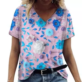 Женские футболки с V-образным вырезом и 3D-цветочным принтом, футболки больших размеров, популярная повседневная базовая одежда для девочек, футболки с коротким рукавом, блузки XXS