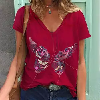 Женские футболки с V-образным вырезом и коротким рукавом с 3D-принтом и принтом бабочки, модные футболки больших размеров для женщин S