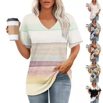 Женские футболки с V-образным вырезом и коротким рукавом, летние топы, повседневные базовые футболки, модные L чёрный