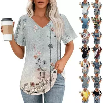 Женские футболки с V-образным вырезом и коротким рукавом, повседневные топы свободного кроя, базовые футболки с закругленным подолом L чёрный