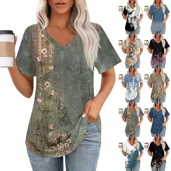 Женские футболки с V-образным вырезом и коротким рукавом, повседневные топы свободного кроя, базовые футболки с закругленным подолом L армия зеленый