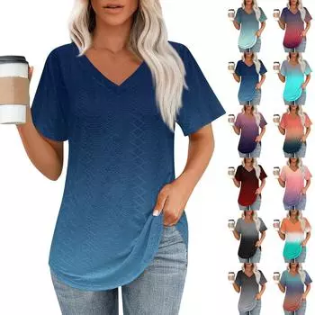 Женские футболки с V-образным вырезом и коротким рукавом, повседневные топы свободного кроя, базовые футболки с закругленным подолом L чёрный